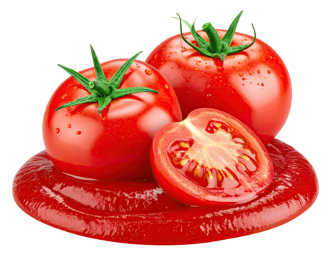 Three tomatoes, one halved, atop a puddle of thick red sauce