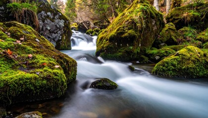Scenic River Flowing Through Moss Covered Rocks in Forest with Sunlight