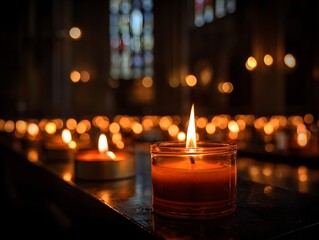 candle burning in cathedral on All saints day religious holiday and religious concept