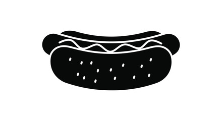 Simple black and white illustration of a classic hot dog with bun