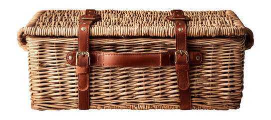 Vintage Wicker Storage Basket with Leather Straps on a Transparent Background
