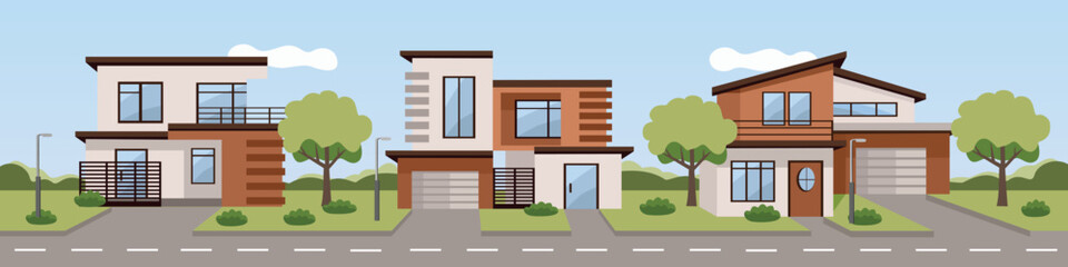Modern luxury residential area. House architecture. House design. Smart city. Urban house. House garage. Residence. Real estate.