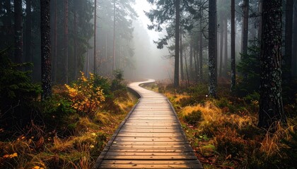 Foggy Forest Path Through Trees and Vegetation in Autumn Landscape with Soft Natural Light Nature Trail Scenic Walkway