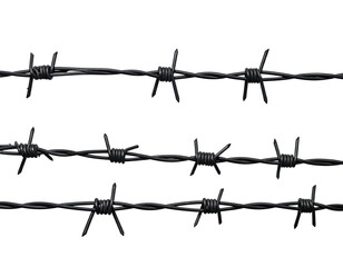 Three strands of sharp, dark grey barbed wire against a black background