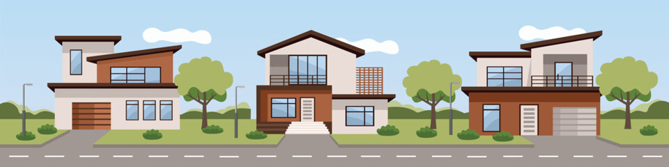 Modern residential neighborhood. Luxury housing area. Modern city house. House landscape. Green city. Villa. Real estate.