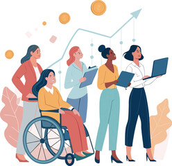 Vector art of diverse team of businesswomen working together towards financial growth, one woman in wheelchair, symbolizing inclusion and success in the business world