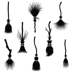 Title: Collection of Witch Broom Silhouettes for Halloween

