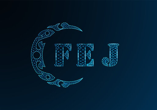 Low poly letter logo FEJ design. FEJ letter logo low poly vector design on blue color gradient background. FEJ logo low poly design