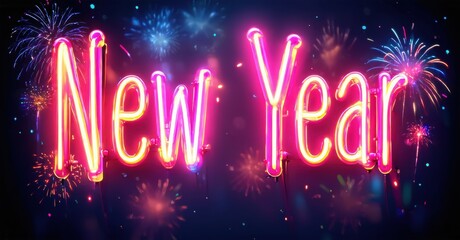 Bright neon text spells New Year against vibrant fireworks display. Festive, celebratory scene with purple, pink hues.