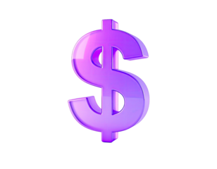 Glossy purple dollar sign floats against a stark black background