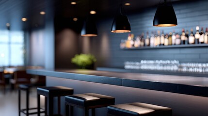 Modern bar interior featuring sleek black countertops, stylish pendant lighting, and a well-stocked shelf of various bottles, creating an inviting atmosphere for social gatherings