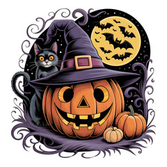 Spooky Halloween Scene with Pumpkin Cat and Bats on Full Moon Keywords: Halloween, pumpkin, jack-o-lantern, cat, black cat isolated on a transparent background