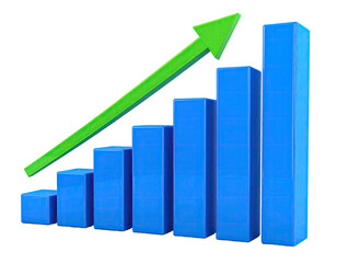 Blue vertical bars increasing in size with a rising green arrow, on black