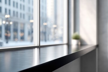 Modern interior with sleek black countertop beside large window, showcasing urban cityscape view, soft natural light illuminating the space, creating a serene atmosphere