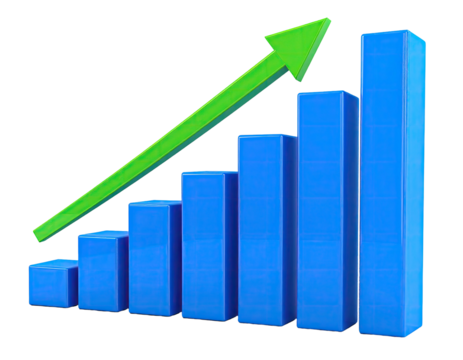 Blue vertical bars increasing in size with a rising green arrow, on black