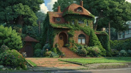 Fototapeta premium Quaint, overgrown house nestled in lush greenery