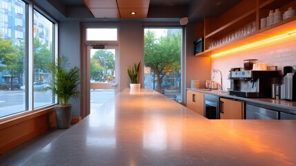Modern cafe interior featuring a sleek countertop, large windows allowing natural light, and greenery, creating a welcoming atmosphere for patrons and visitors