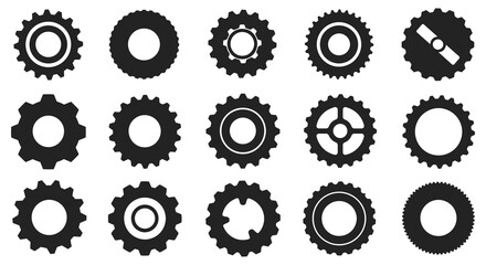 Collection of various black gear icons and mechanical components displayed neatly