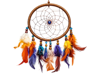 Dream catcher with feathers, beads, and a central charm, brown colors