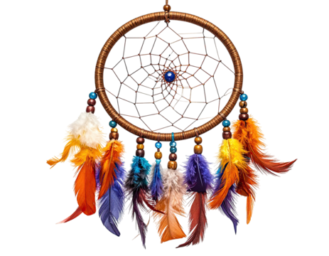 Dream catcher with feathers, beads, and a central charm, brown colors