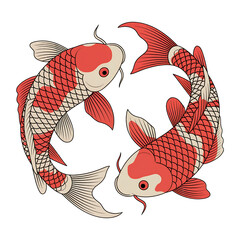 Two Red and White Koi Fish Swimming in a Yin Yang Symbol Keywords: koi fish, carp, fish, swimming, yin yang, symbol, oriental isolated on a transparent background