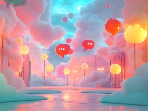 Enchanting digital landscape with glowing orbs and conversational cloud motifs