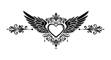 Obraz premium Elegant black winged heart design with ornate floral embellishments and details