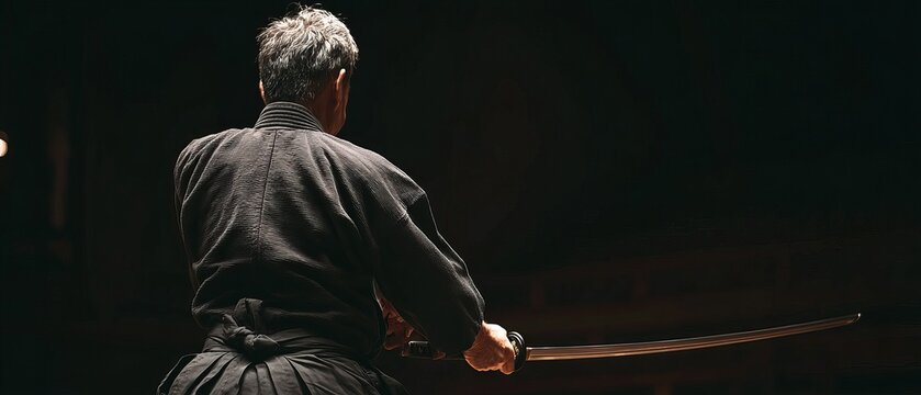 Person in black martial arts uniform, practicing with katana