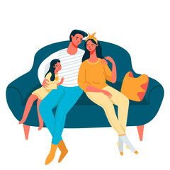 Family sitting on a sofa together, resting. Togetherness, leisure time. Vector cartoon flat style illustration isolated on transparent background.