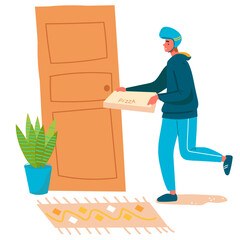A delivery man is standing in front of a door while holding a box of pizza. Doorstep fast delivery. Trendy vector isolated on transparent background