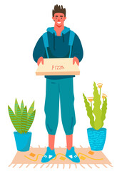 Pizza delivery person holding a box with order. Doorstep fast delivery. Trendy vector isolated on transparent background.