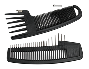 Two black combs, one with adjustable prongs, resting on a black background