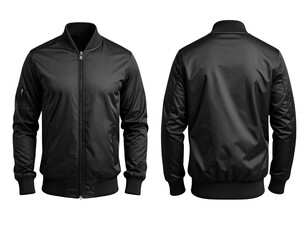 Front & back view of a sleek black bomber jacket isolated on a black background