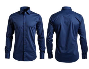 Two views of a navy blue dress shirt, front and back, on a black background