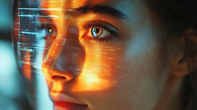 Futuristic vision: Woman with digital overlay displaying advanced technology integration