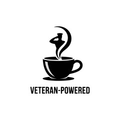 Veteran powered beverage logo, black cup with steam figure, minimalist monochrome style, patriotic coffee shop branding vector