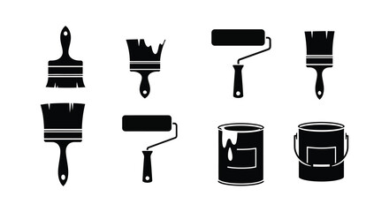 Painting tools and supplies set in a monochrome silhouette style