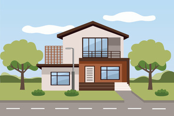 Suburban house. Modern house. Housing area. Modern Residential House. Modern Minimalist House. Green city. House building.