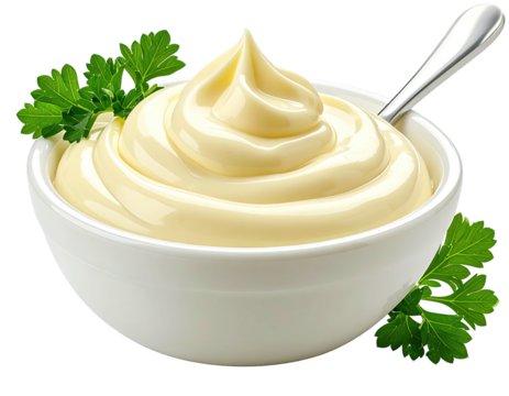 Swirled creamy condiment in white bowl, garnished with parsley and a spoon - Powered by Adobe