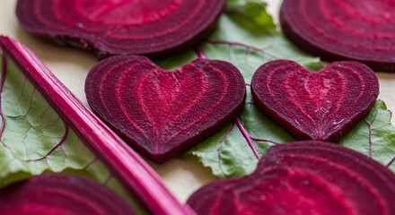 Sliced beets arranged with leaves showcasing vibrant colors and textures