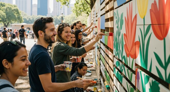 A diverse group of volunteers painting a community mural outdoors. Happy people working together on a public art project. Teamwork and social responsibility concept