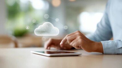 Professional businesswoman navigating cloud computing system, accessing data storage and analyzing digital information through advanced artificial intelligence technology on mobile tablet - Powered by Adobe