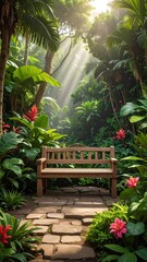 Obraz premium Lush tropical garden with wooden bench. Sunlight streams through canopy