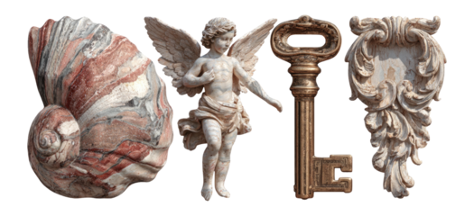 Vintage Decorative Elements with Cherub, Shell, Key, and Ornamental Frame Design
