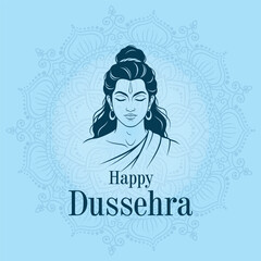 Peaceful vector portrait of Lord Rama with eyes closed in meditation or contemplation. Features a large, intricate mandala pattern on a calming light blue background. Happy Dussehra.