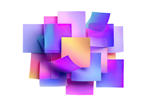 Abstract composition of overlapping, vibrant, colorful, square shapes