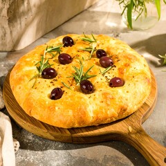 Round artisan bread with olives and rosemary
