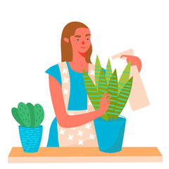 A Woman diligently nurturing her beautiful indoor plants in a bright and inviting workshop. Trendy vector isolated on transparent background