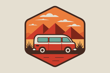 Illustrated Retro Camper Van with Mountains and Clouds Inside a Hexagonal Patch