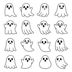 Cute Ghost Outline Icon Set with Various Expressions, Hand-Drawn Doodle for Halloween